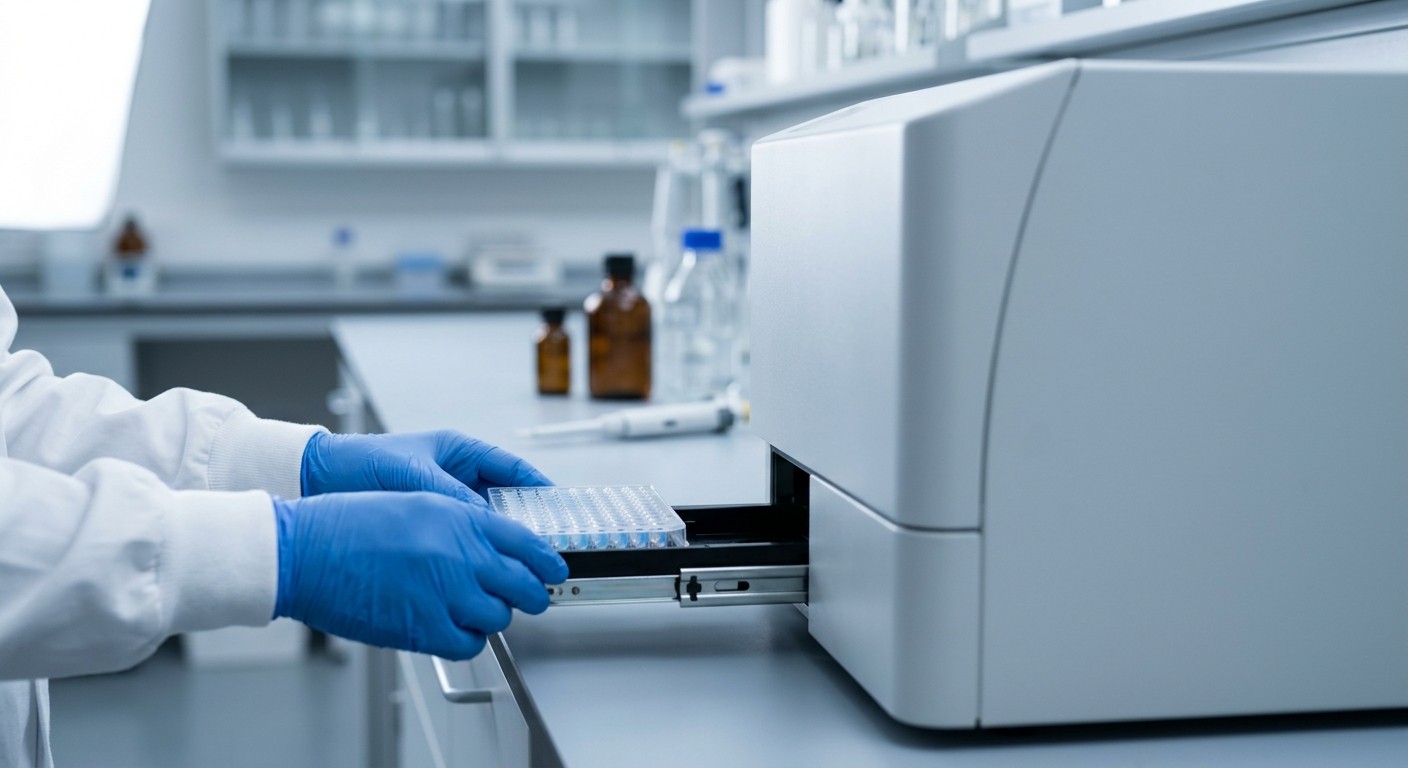 Gloved hands sliding a sample tray into the drawer of a laboratory sequencing instrument